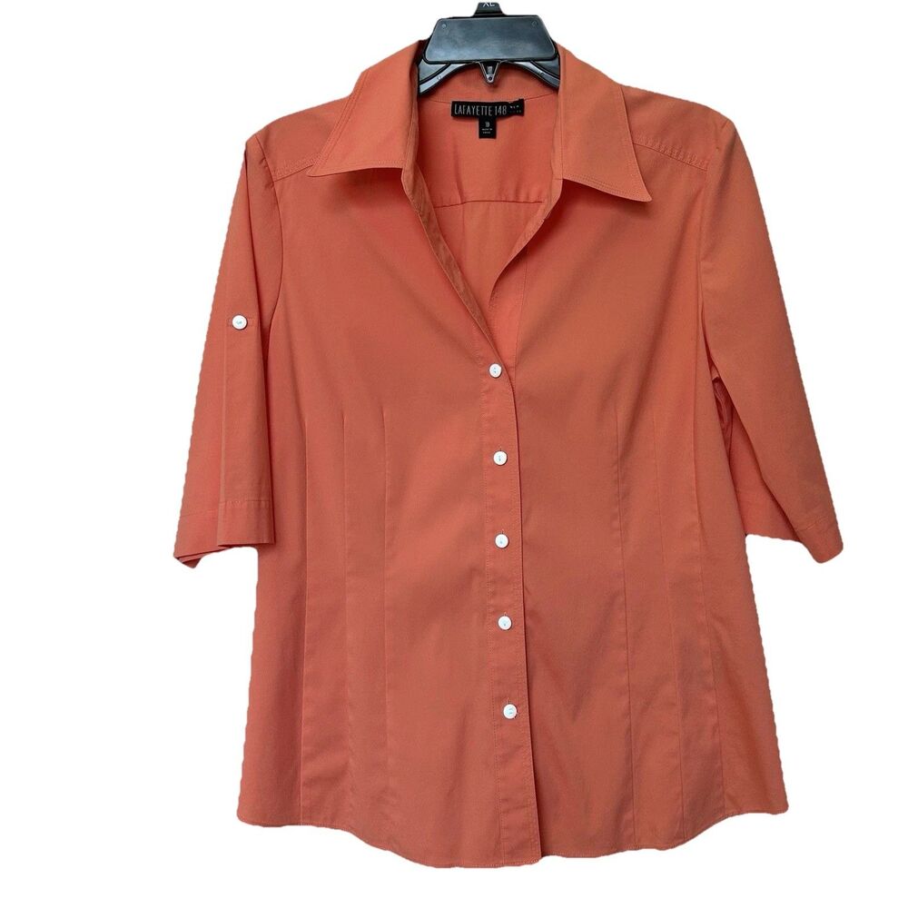 Lafayette 148 Top 10 Med Button Up 1/2 Roll Tab Sleeve Orange Career Preppy